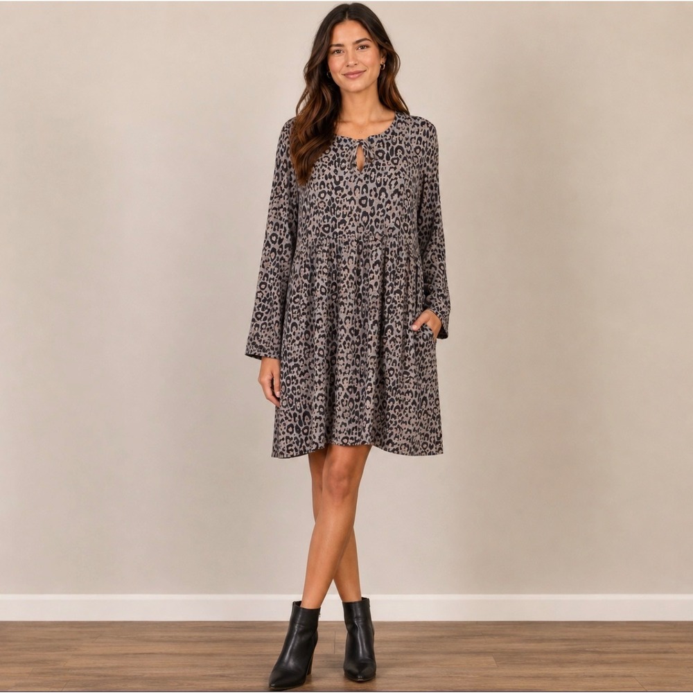 Loft Gray/Black Leopard Print Babydoll Dress, Medium